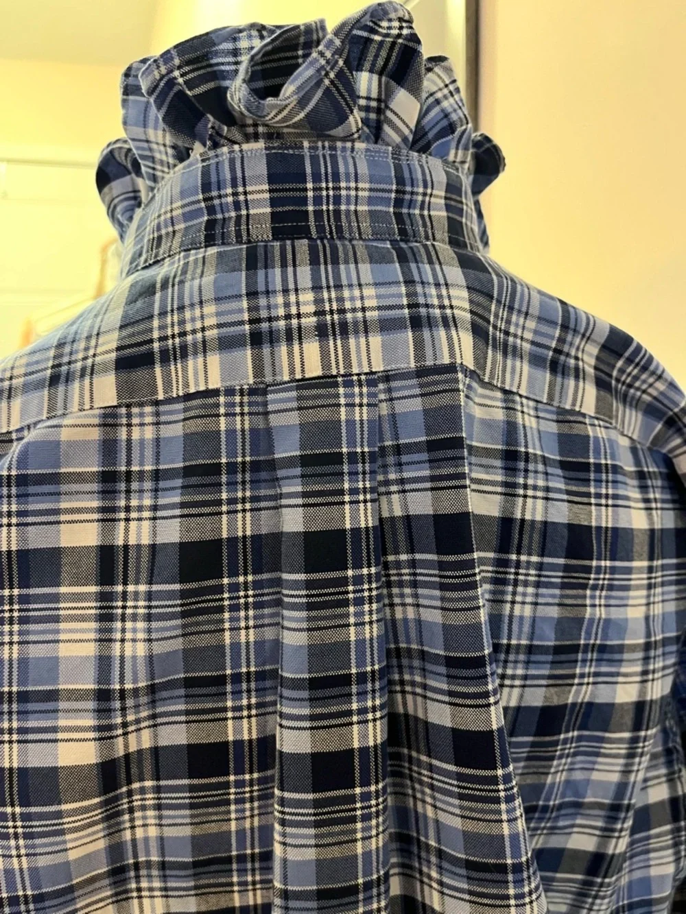 Upcycled Ralph Lauren Navy and Light Blue Plaid Shirt with ruffle collar - Picture 6 of 7